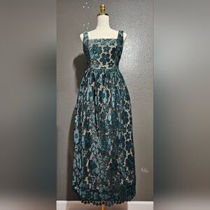 JUST ME Elegant High Quality Embroidered Dark Green Floral Dress